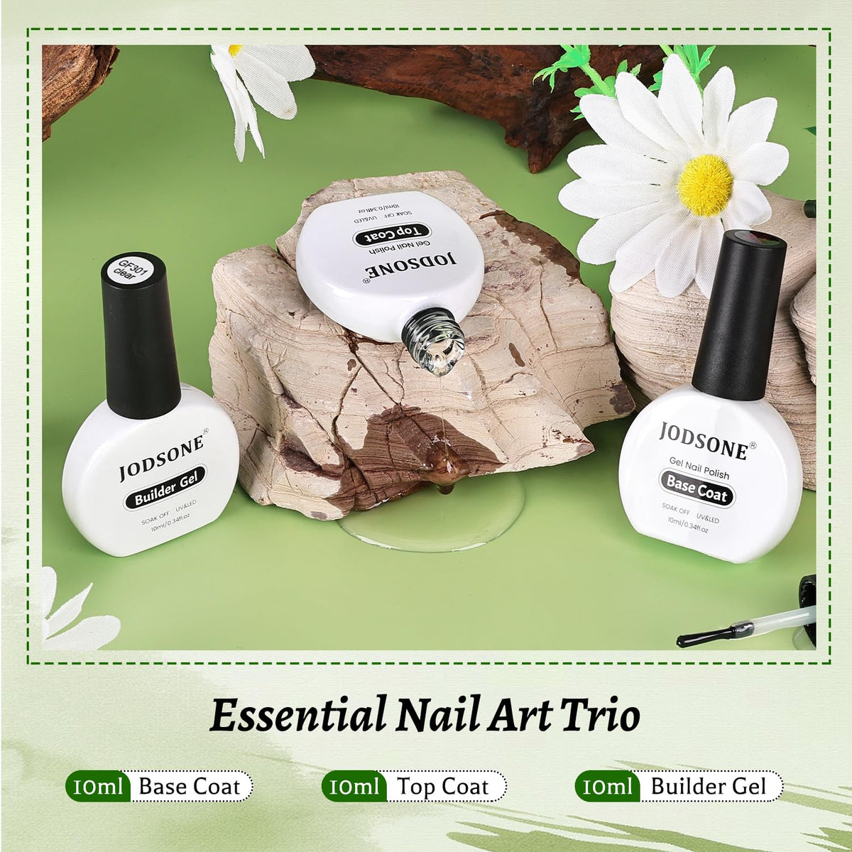 JODSONE 3Pcs 10ml Top Coat Base Coat Builder Gel Set – No Wipe Gel for Strengthening Thickening and Nail Extension Requires U V Lamp Curing
