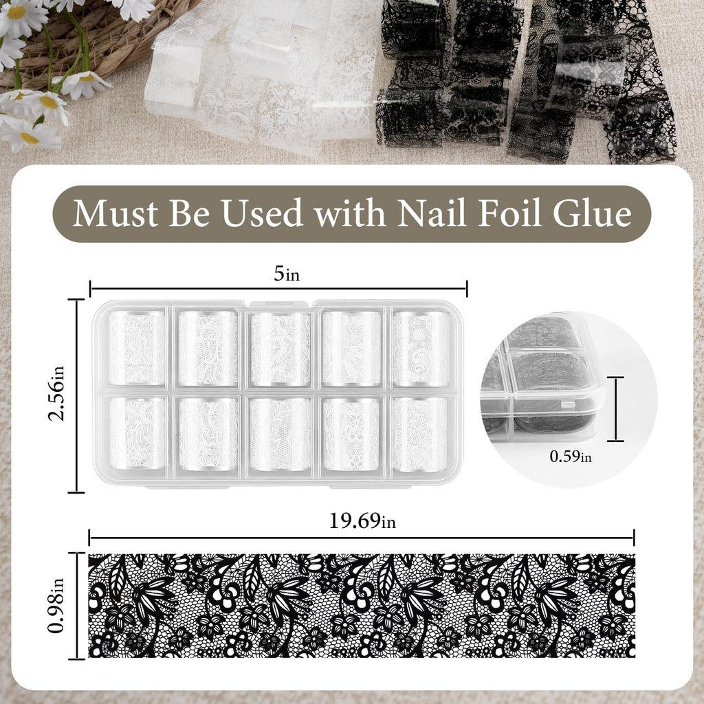 JODSONE 20 Rolls Lace Nail Foils, Black and White Lace Nail Art Transfer Sheets, Must Be Used with Nail Foil Glue, Transfer Foils for Manicure Salon & Home Use (Not Self-Adhesive Stickers)