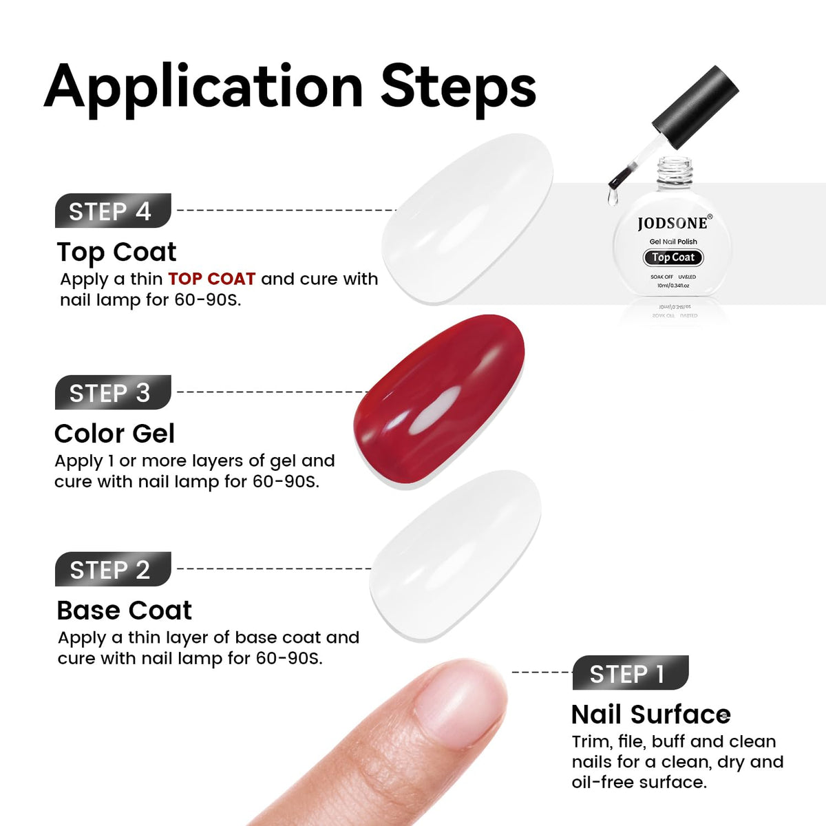 JODSONE 10ML Top Coat Gel Polish High Gloss Shine Finish Long Lasting Gel Nail Polish Professional Manicure Home DIY No Wipe Need U V Lamp Curing
