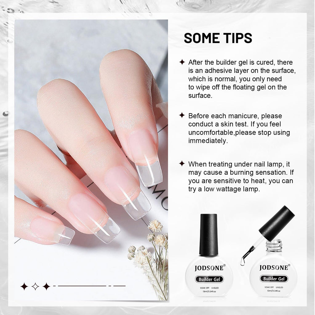 JODSONE 2Pcs 10ml Builder Gel for Nails, Clear Builder Gel for Nail Thickening Solution, Nail Extension, Apex Building,Long Lasting DIY Nail Art Gift for Women