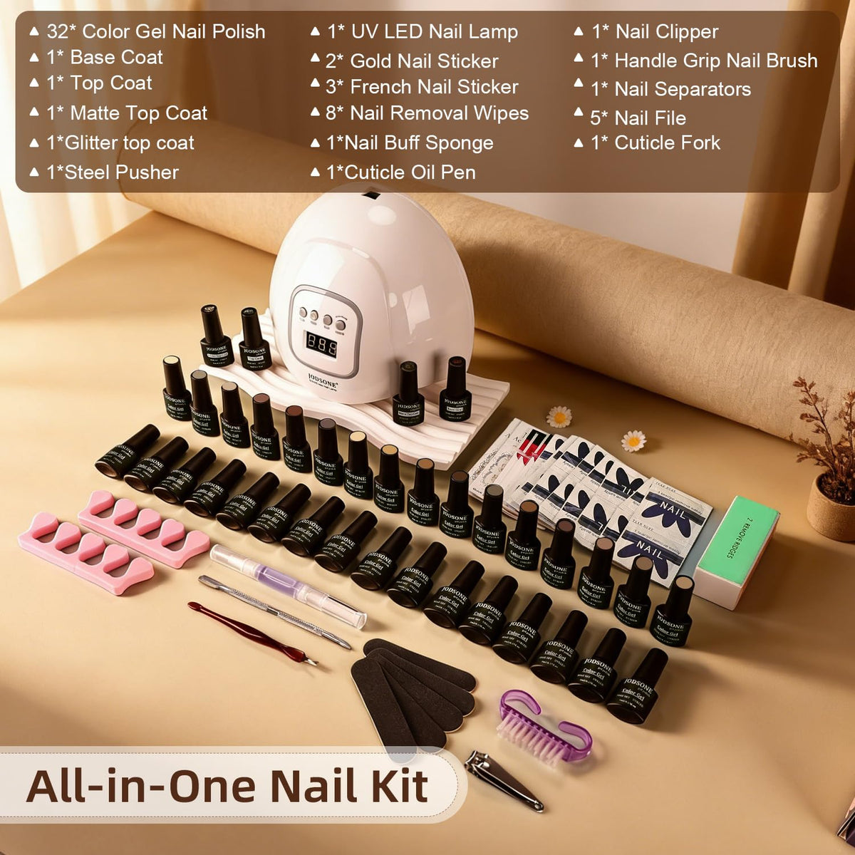 JODSONE 36Pcs Full-Color Gel Nail Polish Kit with U V Light 32 Color Autumn Beige Nude Brown Chocolate Caramel with Base & Top Matte Glitter Coat4 Functional Gel All Seasons for DIY Nail Art at Home
